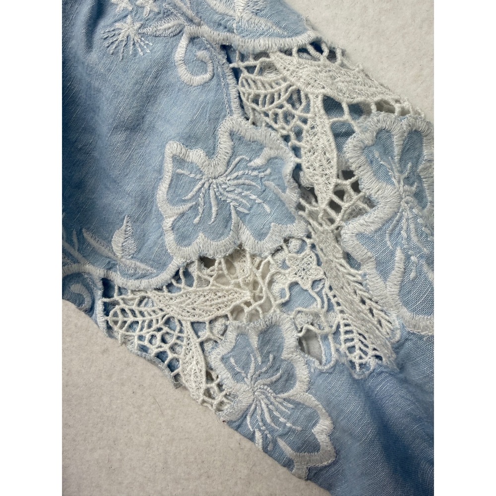 Charlie B Women Blue Cotton Linen Lace Embroidery Sleeve Button Up Blouse P S - Picture 7 of 11